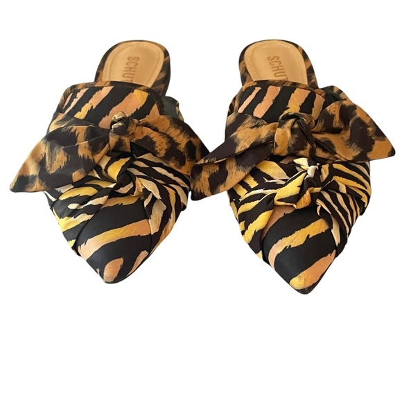 Schutz Flats Mules Shoes Womens 6 Black Tiger Stripe Bow Bows Pointed Knotted - Picture 4 of 9